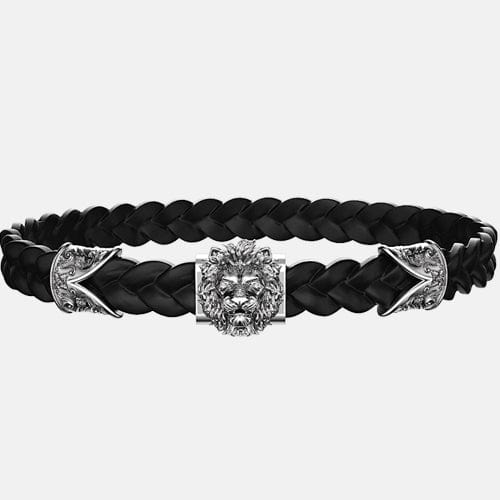 bracelet tête de lion argent cuir noir