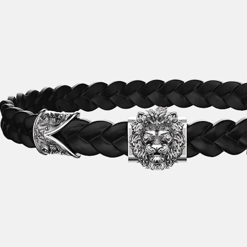 bracelet tête de lion argent cuir noir