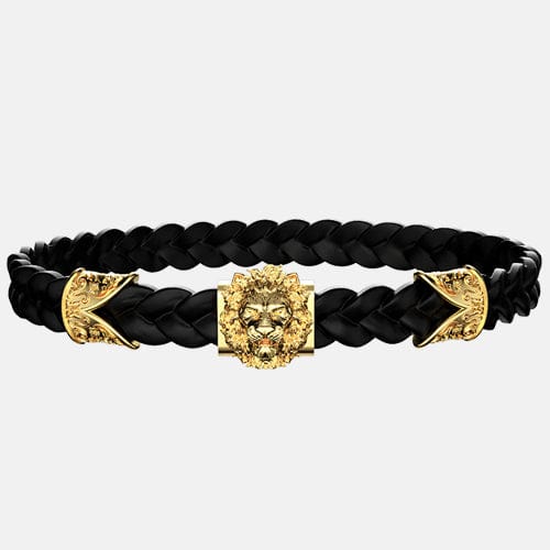 bracelet tête de lion or cuir noir