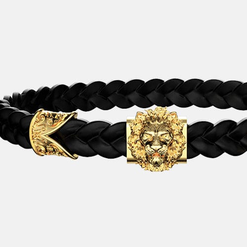bracelet tête de lion or cuir noir