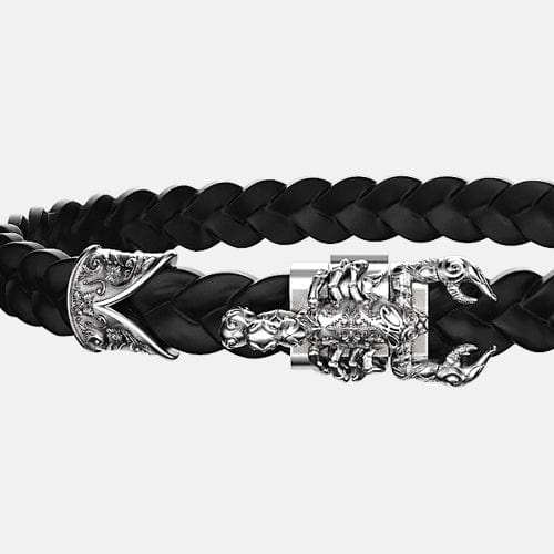 bracelet scorpion argent et cuir noir